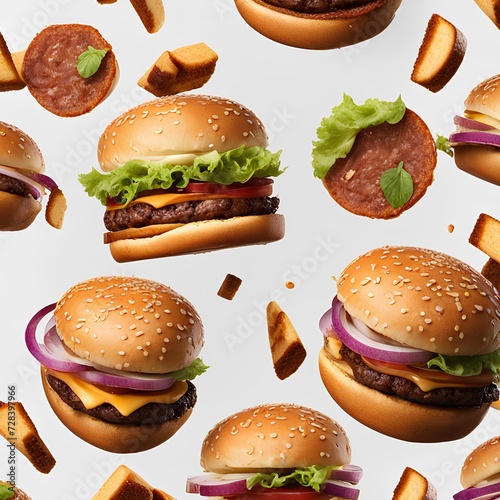 levitating food set of hamburgers on gray background