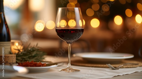 Intimate dining experience with red wine and ambient candlelight