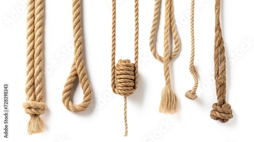 A set of ropes of different thicknesses with different knots