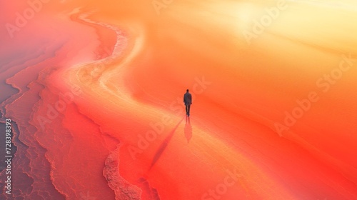 A man walking along the man walking along Chaka Salt Lake with fluorescent light photo