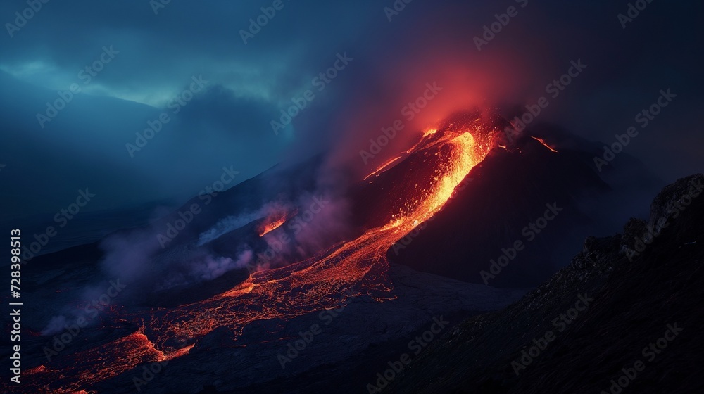 Lava spurting out of crater and reddish illuminated smoke cloud, lava flows
