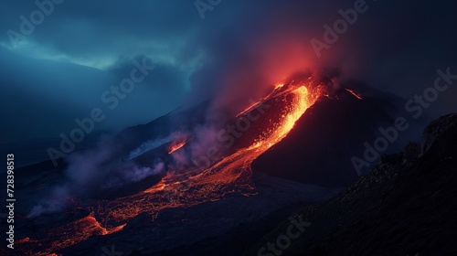 Lava spurting out of crater and reddish illuminated smoke cloud, lava flows © mirifadapt