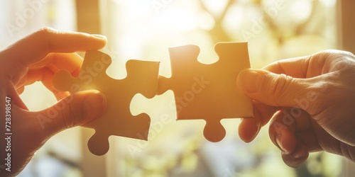 Closeup hands of connecting jigsaw puzzle pieces with sunlight effect, Business solutions, success and strategy concept