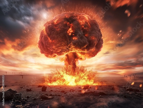 Nuclear catastrophe. Terrible explosion of a nuclear bomb with a mushroom in the desert. © mirifadapt