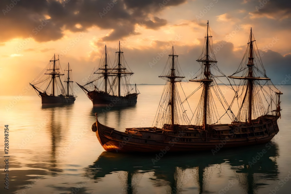 Three beautiful old merchant ships floating on quiet water by sunset light