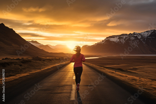 woman jogging in the mountains in the evening, in the style of dramatic landscapes