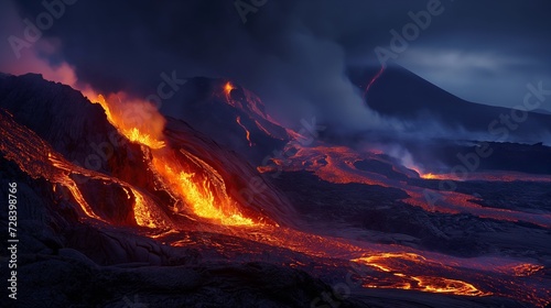 Lava spurting out of crater and reddish illuminated smoke cloud, lava flows photo