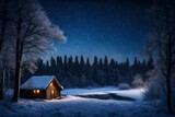 Snowy winter scene of a cabin in distance at night