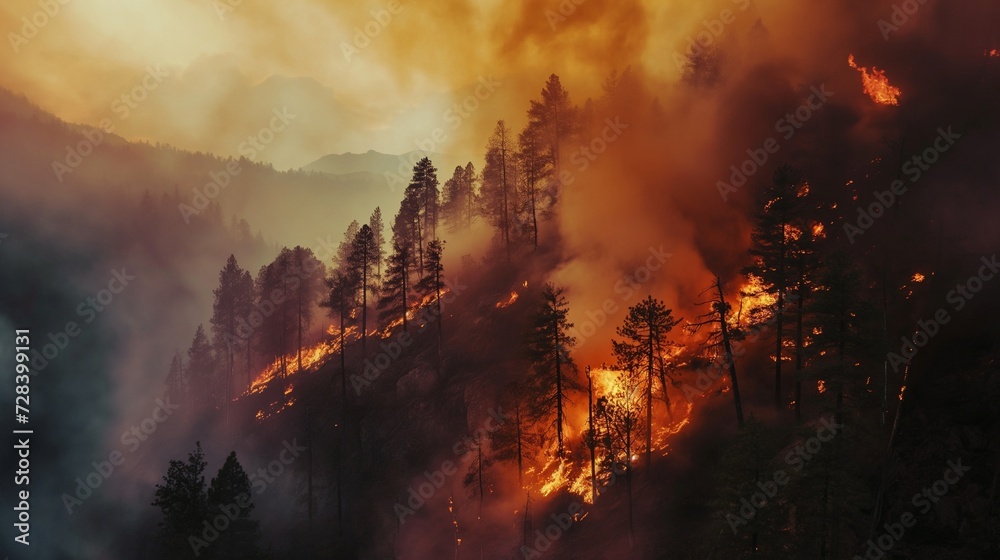 Wildfires burning trees with smoke