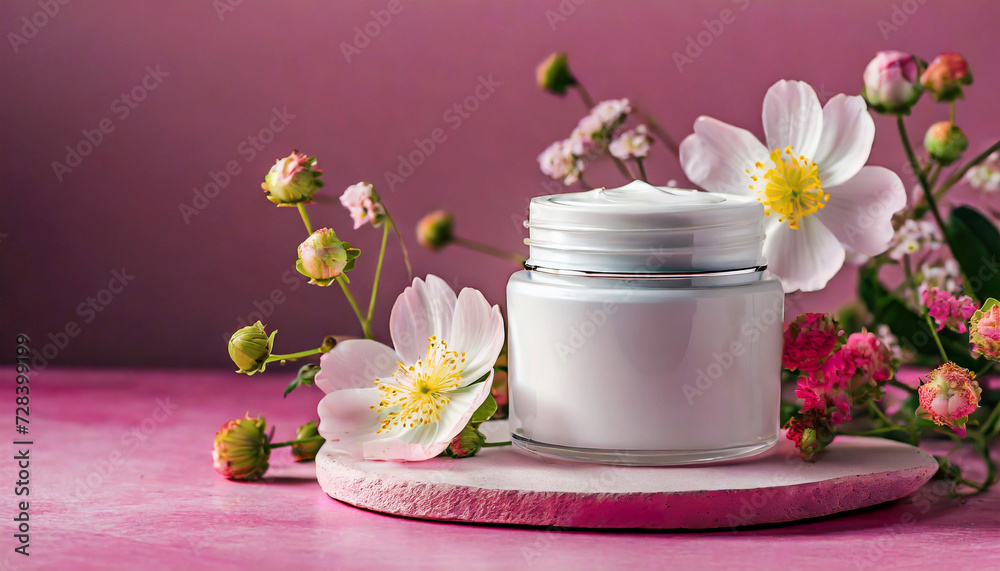 Open facial cream jar, beauty face treatment, face skin care, pink flowers