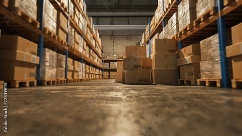 Boxes and box loaders in a warehouse, Rows of shelves with boxe photo