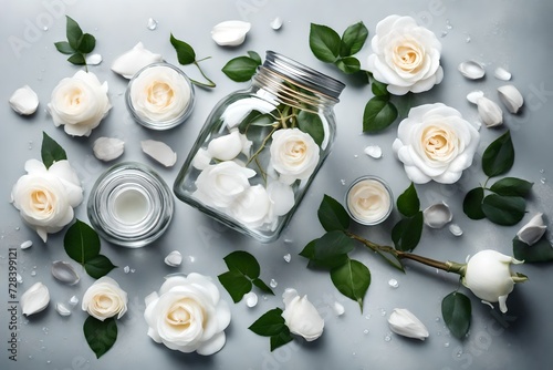 Glass jar with aroma water and white rose flowers for spa and aromatherapy. Top view and flat lay