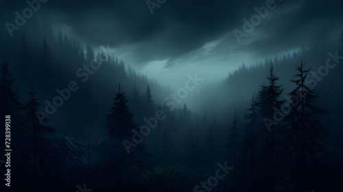 misty morning in the forest,,  Mist magic fog night dark forest tree jungle landscape background  © Chrisspollard