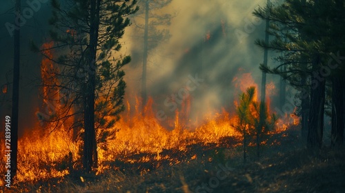 Wildfires burning trees with smoke