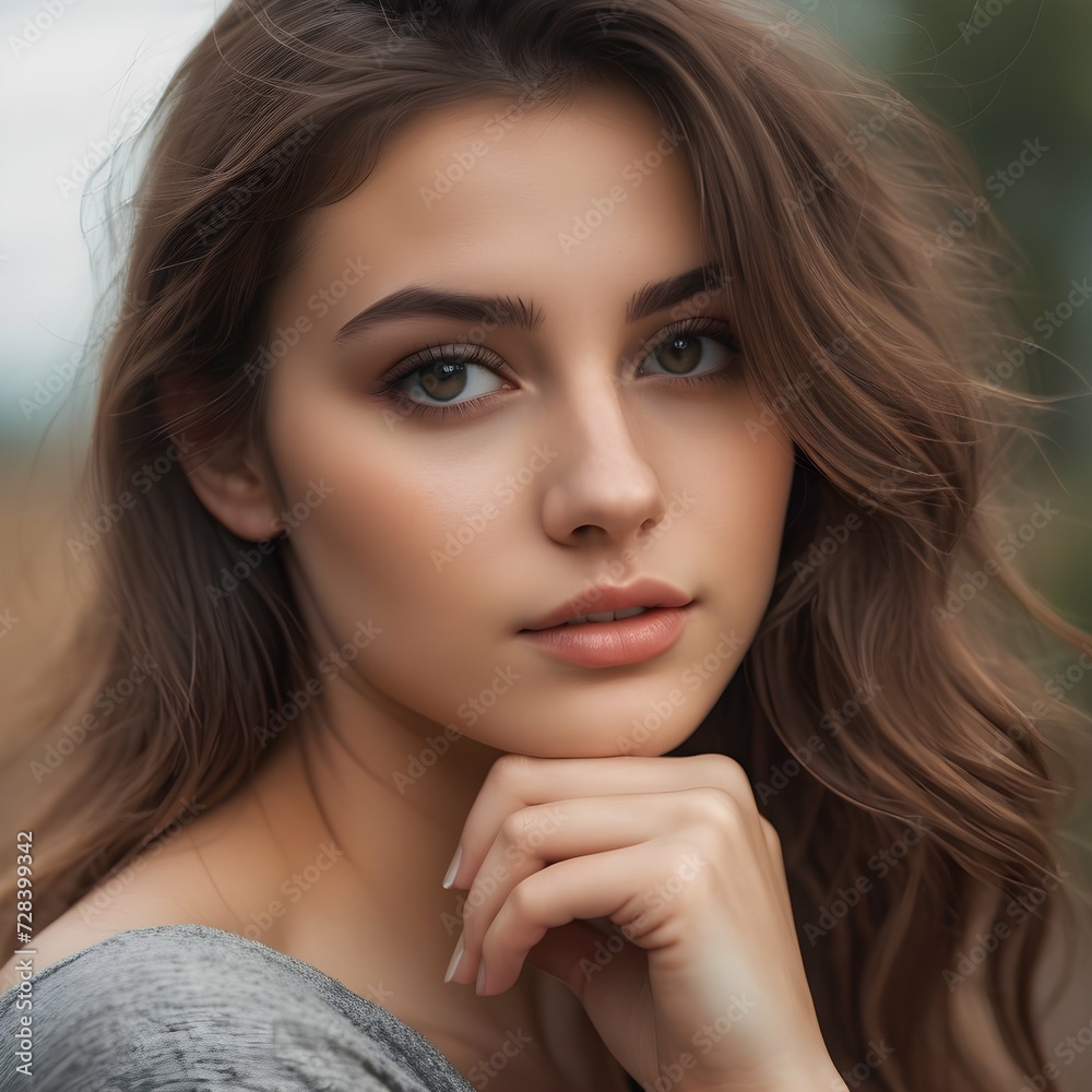 Beautiful Woman With Long Brown Hair Wearing Gray Top