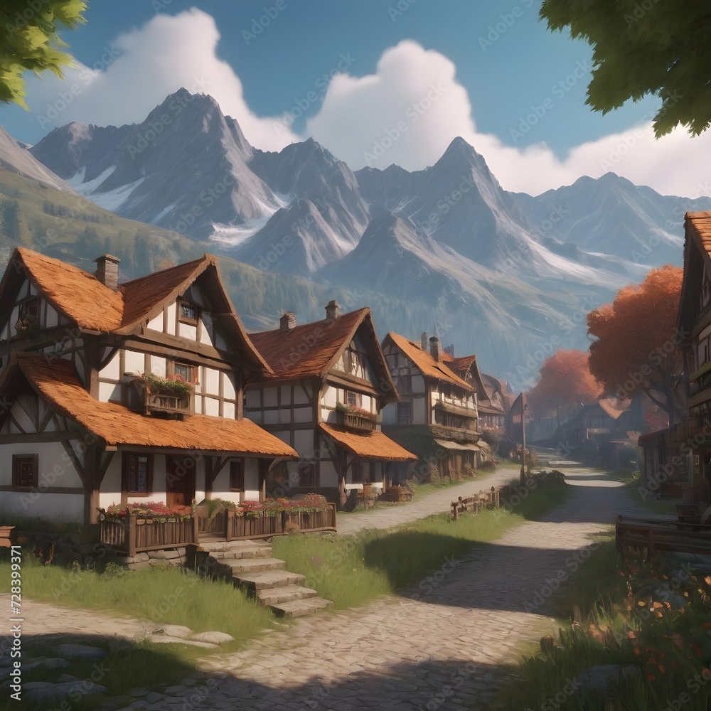 Illustration of a Village With Mountains in the Background RPG Game Style