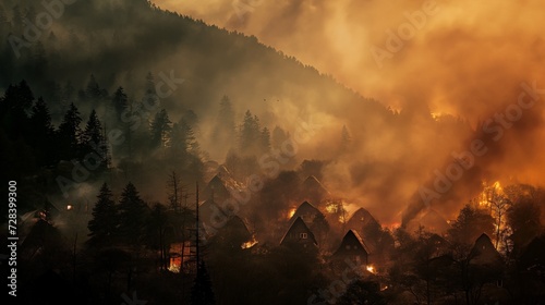 Wildfires burning trees with smoke