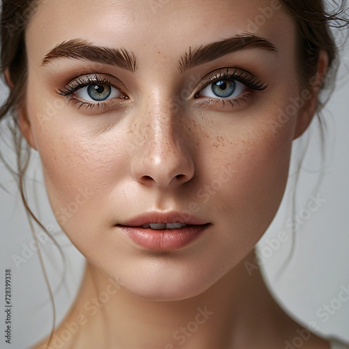 Portrait of a Woman With Blue Eyes and Freckles