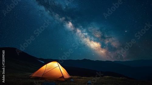 Night landscape with dark skies and stars, the milky way across the entire sky, a small illuminated tent on the ground, © mirifadapt