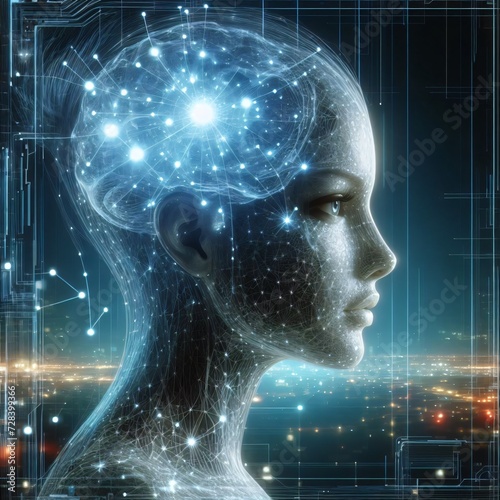 Woman's Head With Neuro Links and Impulses, Artificial Intelligence, Neuroscience