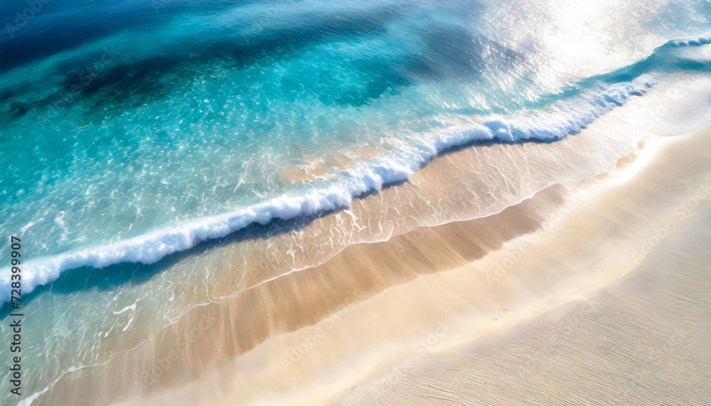 Paysage d'été en vacances sur une belle plage tropicale de sable blanc et jolies vagues bleues d'un océan bleu turquoise, vue du ciel