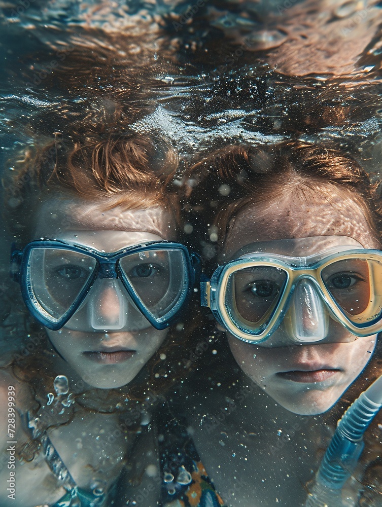 Kids submerged with a snorkel.