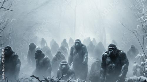 many gorillas are marching through a forest photo