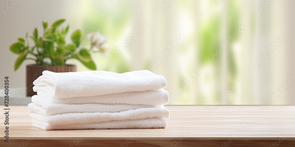 White towel pile on wooden bathroom table with room White towel pile on wooden bathroom table with room