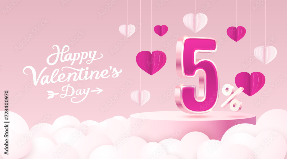 Happy Valentine day, Mega sale, special offer, 5 off sale banner. Sign board promotion. Vector illustration