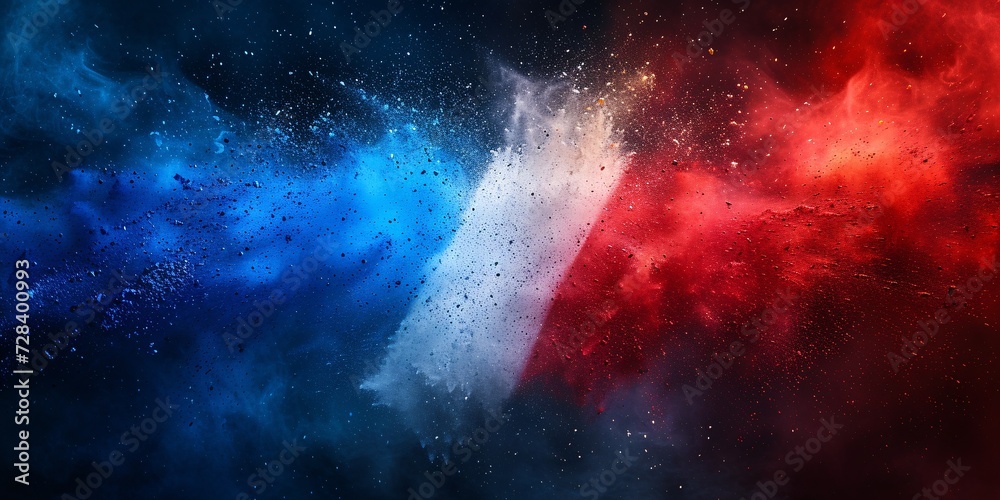 Fototapeta premium Vibrant tricolor French flag painted powder burst on white backdrop, representing France, Europe, and soccer, perfect for travel and tourism promotion.