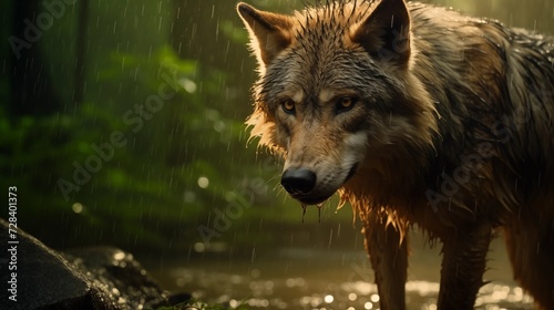 AI generated illustration of a wolf wandering around inside a forest during a rainy day