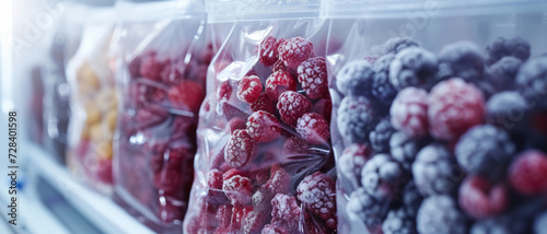 Frozen berries in plastic bags inside a freezer photo