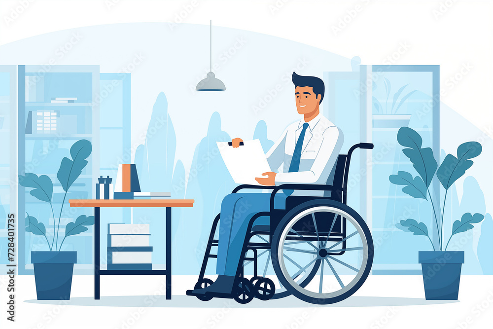 a smiling doctor sits in a wheelchair in his office a smiling doctor sits in a wheelchair in his office
