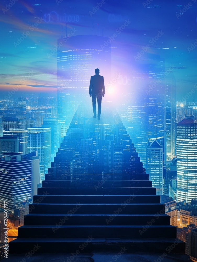 Ambitious business man climbing stairs to meet incoming challenge and business opportunity. The high stair represents the concept of career path success, future planning and business competitions. - obrazy, fototapety, plakaty 