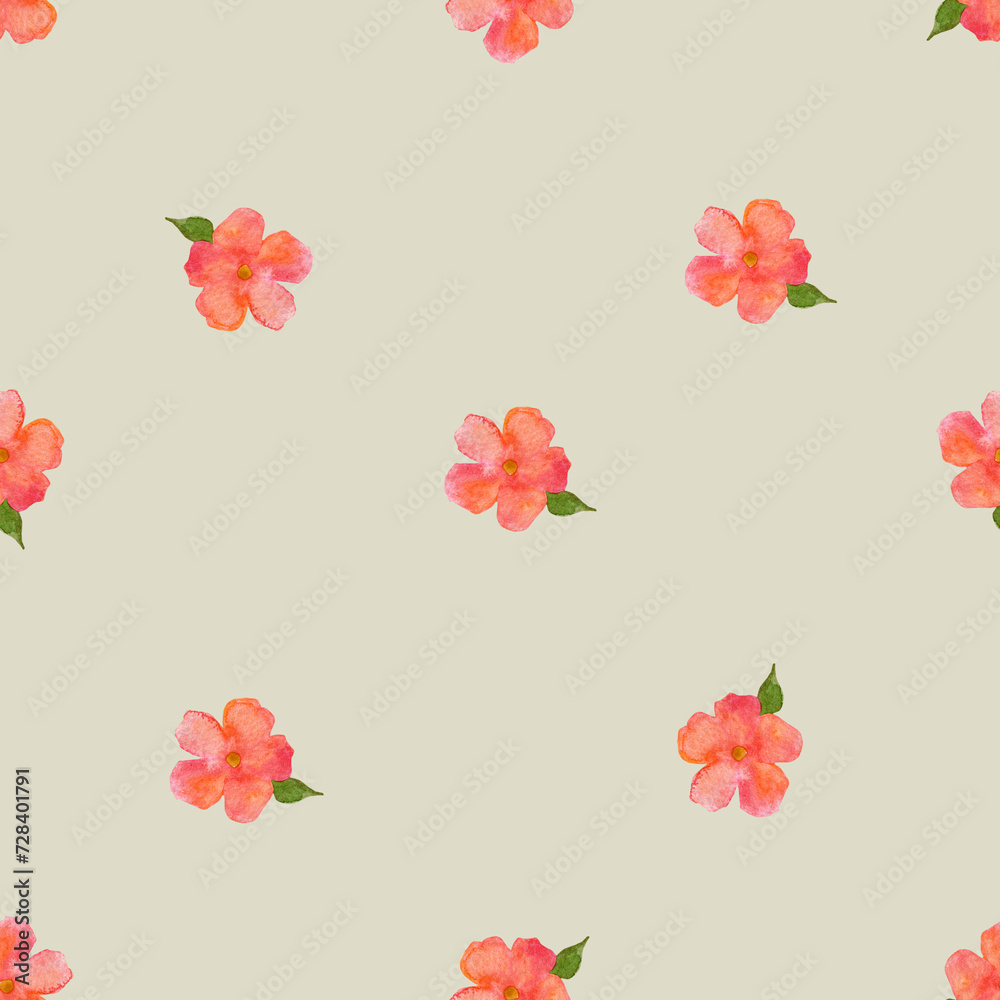 Watercolor floral seamless pattern. Cute botanical print, blooming summer flowers illustration on pastel background. Great for nursery design, textile, wrapped paper, backdrop.