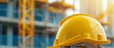 Construction safety helmet with blurred building site