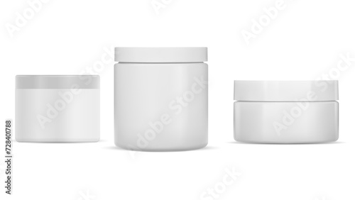 Cream jar mockup. Cosmetic product package template, isolated vector blank. Round face powder container design. Plastic packaging for body butter or mask with lid. Creme canister set