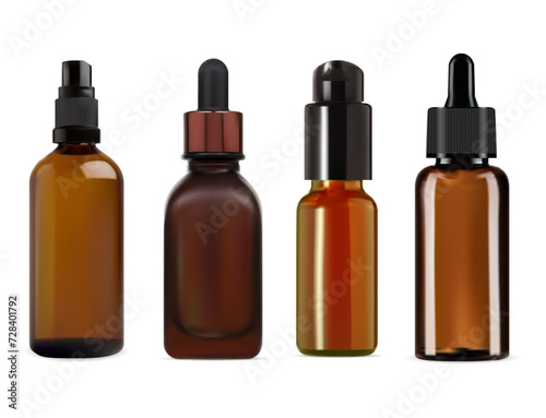 Cosmetic oil dropper bottle. Brown glass serum essence vial. Realistic pipette flask design. Medicine collagen bottle mock up with eye drop. Beauty product amber jar, aromatherapy container