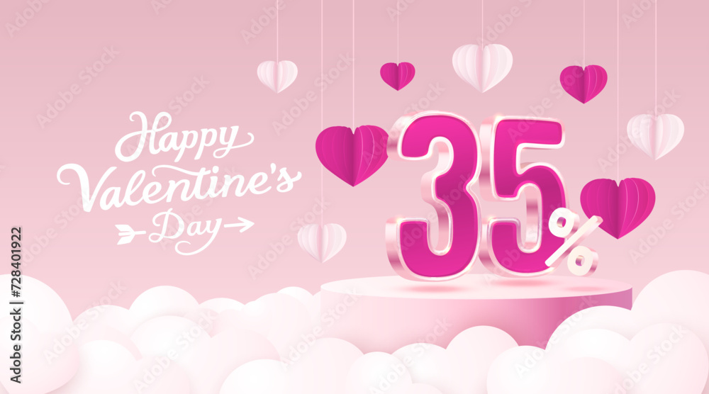 Happy Valentine day, Mega sale, special offer, 35 off sale banner. Sign board promotion. Vector illustration