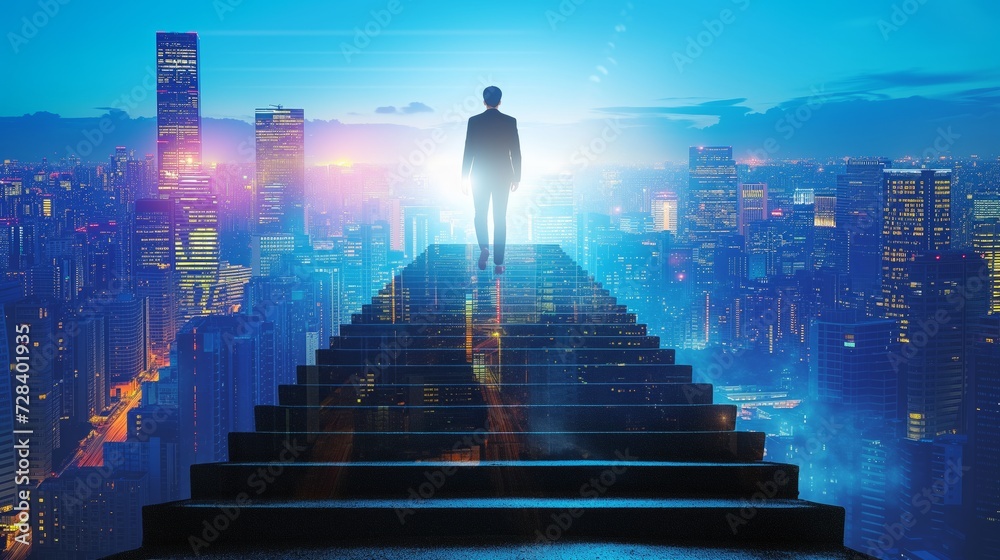 Ambitious business man climbing stairs to meet incoming challenge and business opportunity. The high stair represents the concept of career path success, future planning and business competitions. - obrazy, fototapety, plakaty 