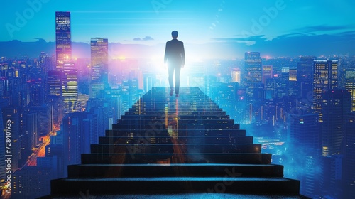 Ambitious business man climbing stairs to meet incoming challenge and business opportunity. The high stair represents the concept of career path success, future planning and business competitions. photo