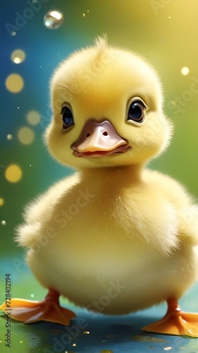 Closeup of Adorable Baby Duck with Glittered Backdrop, Cute baby duck in the pond, cute baby animals for kid's room decoration, Kid's wall art, Cute beautiful baby birds, Perfect for Kid's Decorations © Art by H
