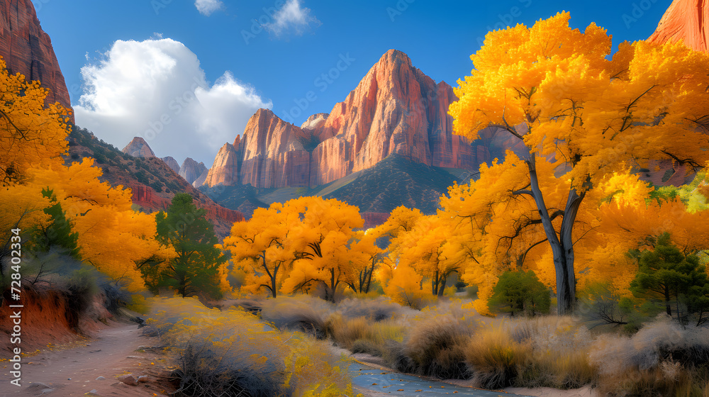 A photo of Zion National Park, with towering sandstone formations as the background, during the vibrant colors of autumn