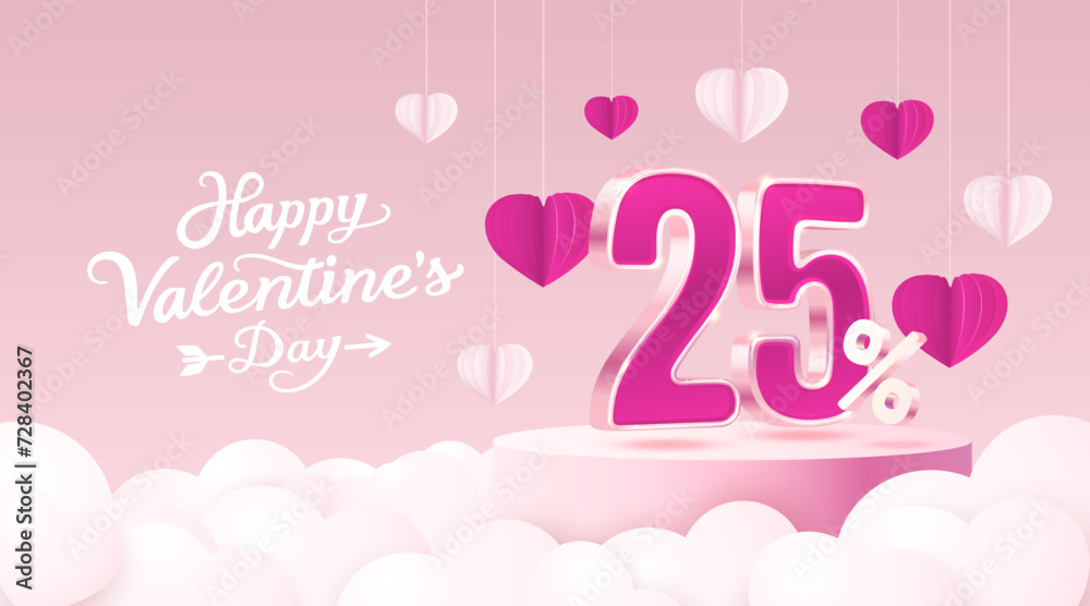 Happy Valentine day, Mega sale, special offer, 25 off sale banner. Sign board promotion. Vector illustration