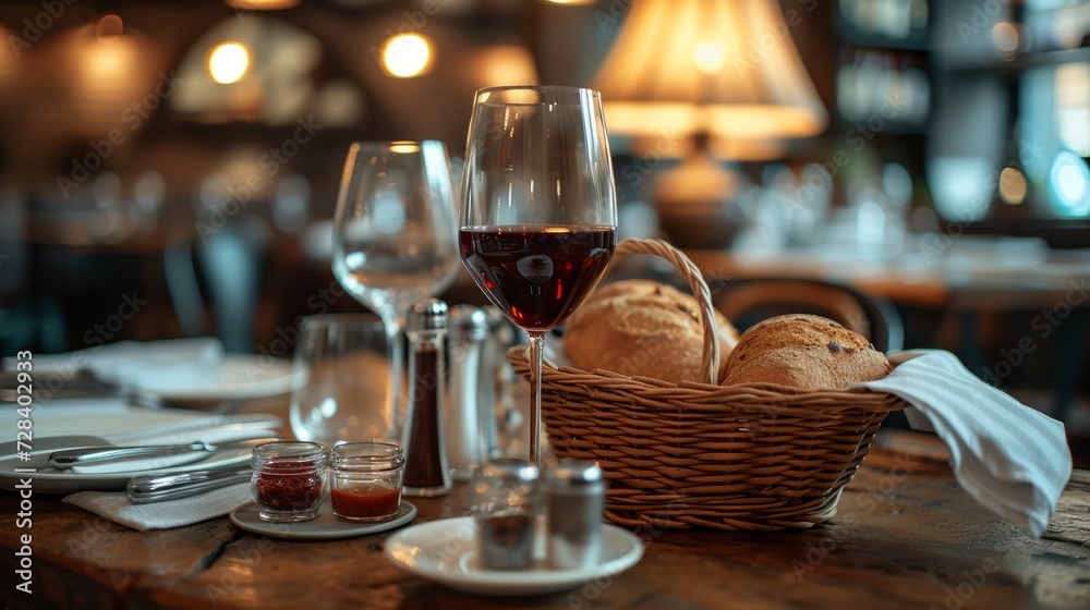 Inviting restaurant table with basket of fresh bread and glass of wine