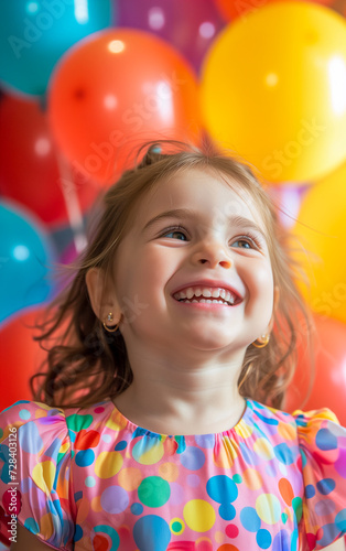 A smiling and joyful baby girl at party wearing a colorful dress on a blurred background full of balloons