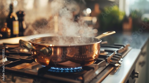 A simmering copper pot on a gas stove in a kitchen with warm ambient lighting