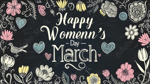 A chalkboard style banner with "Happy International Women's Day - March 8" surrounded by hand-drawn flowers and hearts. 