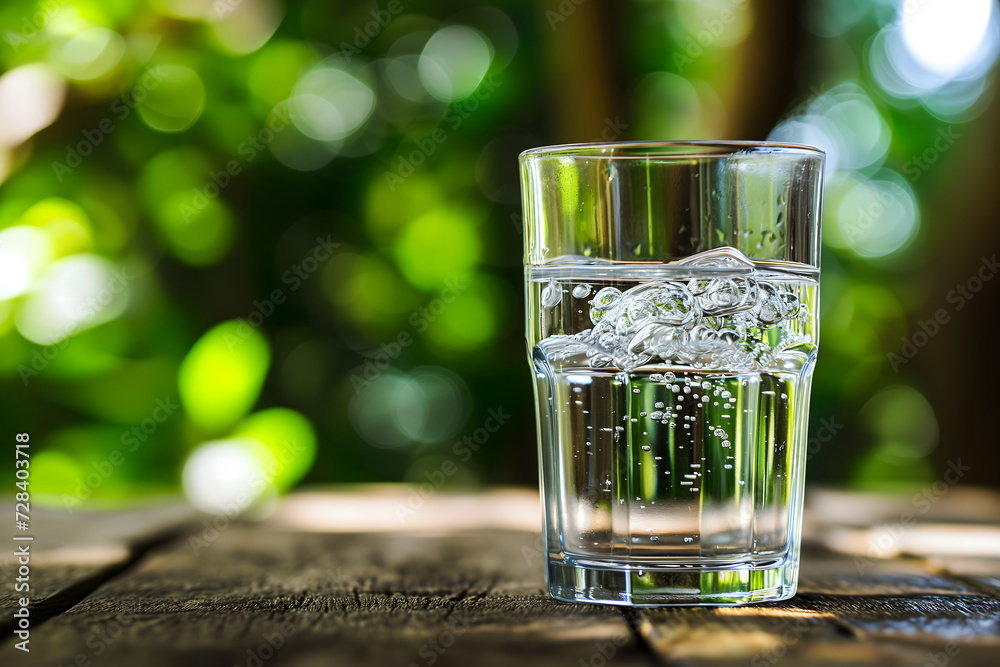 Glass of clean drinking water with selective sharp focus on wooden table with blurry green foliage at sunny day. Neural network generated in January 2024. Not based on any actual scene or pattern. Glass of clean drinking water with selective sharp focus on wooden table with blurry green foliage at sunny day. Neural network generated in January 2024. Not based on any actual scene or pattern.