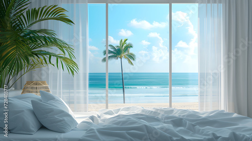 Luxurious bedroom overlooking the ocean and palm trees © Taisiia